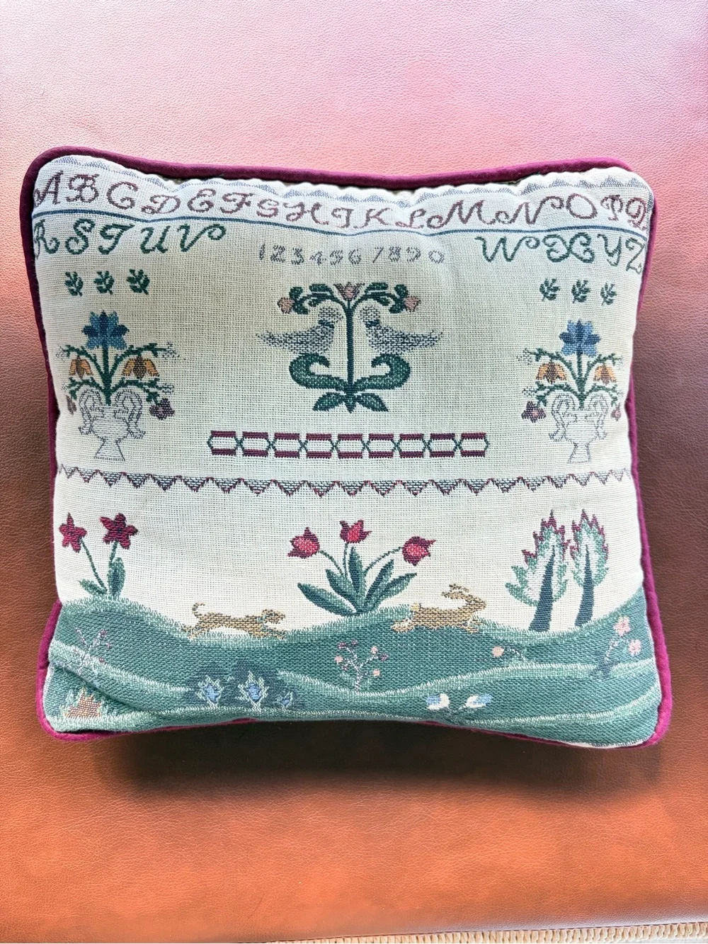 Vintage Alphabet Sampler Tapestry Pillow Woven Rabbit Cottagecore Throw Accent